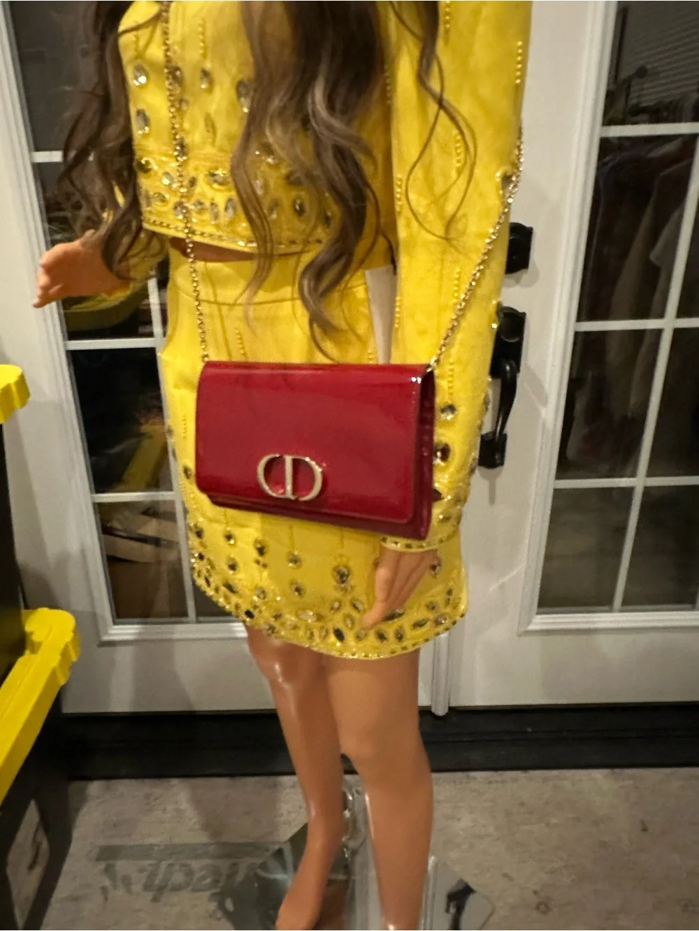 Dior Red Patent Leather Clutch with Gold CD Emblem and Chain